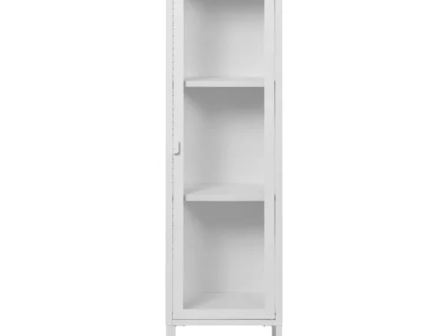 Vitrinekast Nirmel Wit 40 cm, smal ontwerp met glazen deur, witte stalen afwerking en meerdere legplanken