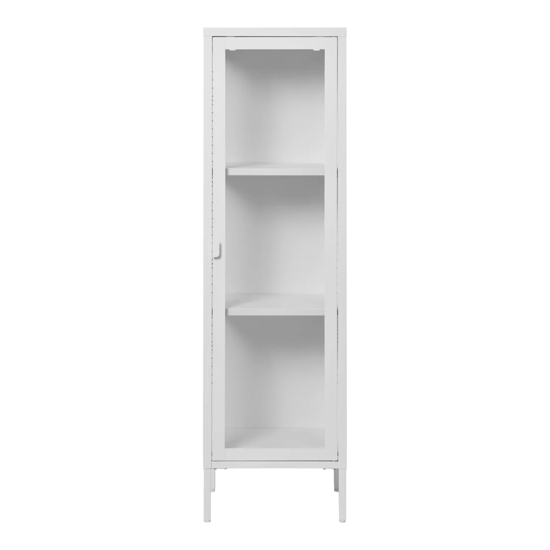Vitrinekast Nirmel Wit 40 cm, smal ontwerp met glazen deur, witte stalen afwerking en meerdere legplanken