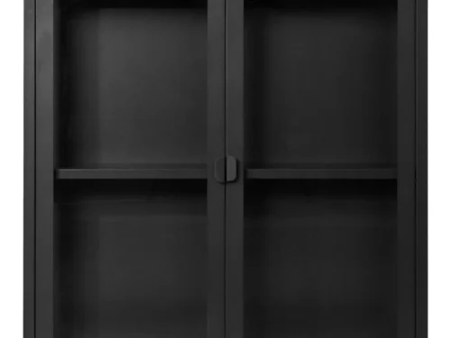 Vitrinekast Lesin Zwart 80 cm met glazen deuren en strak stalen frame, hangend en compact