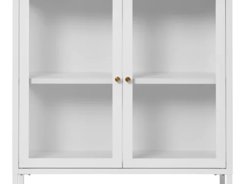 Kast Sladello Wit 80 cm met twee glazen deuren en gouden knoppen, strak en luchtig design