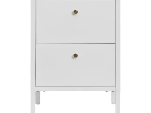 Witte ladekast Klomen met 2 laden en goudkleurige knoppen, compact stalen opbergmeubel op poten