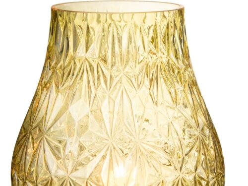 Gele glazen vaas Trerdora met geslepen patroon en decoratieve 28 cm hoge vorm