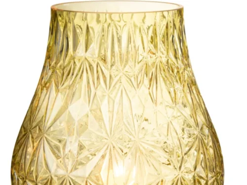 Gele glazen vaas Trerdora met geslepen patroon en decoratieve 28 cm hoge vorm