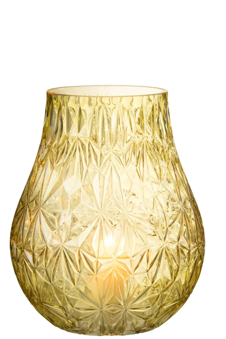Gele glazen vaas Trerdora met geslepen patroon en decoratieve 28 cm hoge vorm