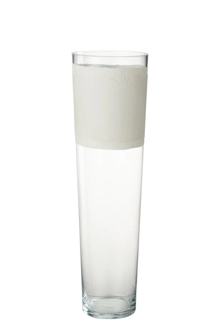 Vaas Basonte Glas Wit H60 cm, hoge slanke witte vaas van glas met cementaccenten