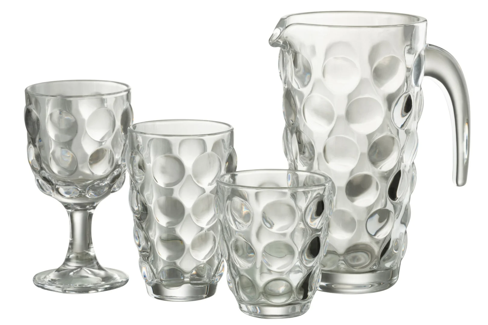 Transparante Karaf Zoosu glas met reliëf, handgreep en compacte vorm voor een stijlvolle tafelsetting