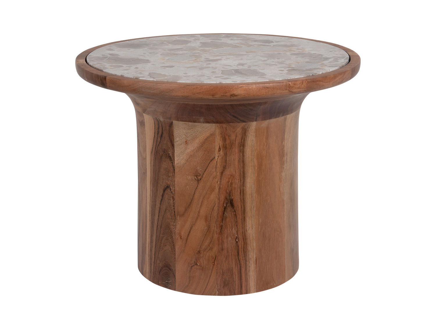 Bijzettafel Kleernund met bruin marmeren blad en warme houten voet, Ø45 cm, stijlvol en compact