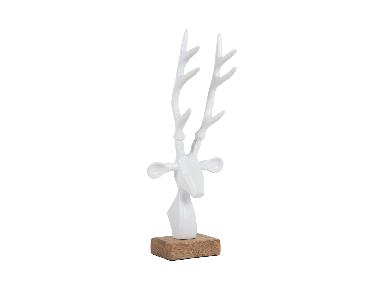 Beeld Paardello wit h34 cm met gewei-ornament en houten basis, stijlvol winterdecoratieaccent