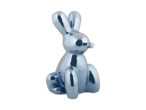 Beeld Tunsek keramiek donkerblauw, glanzend konijnvormig woonaccessoire H20 cm