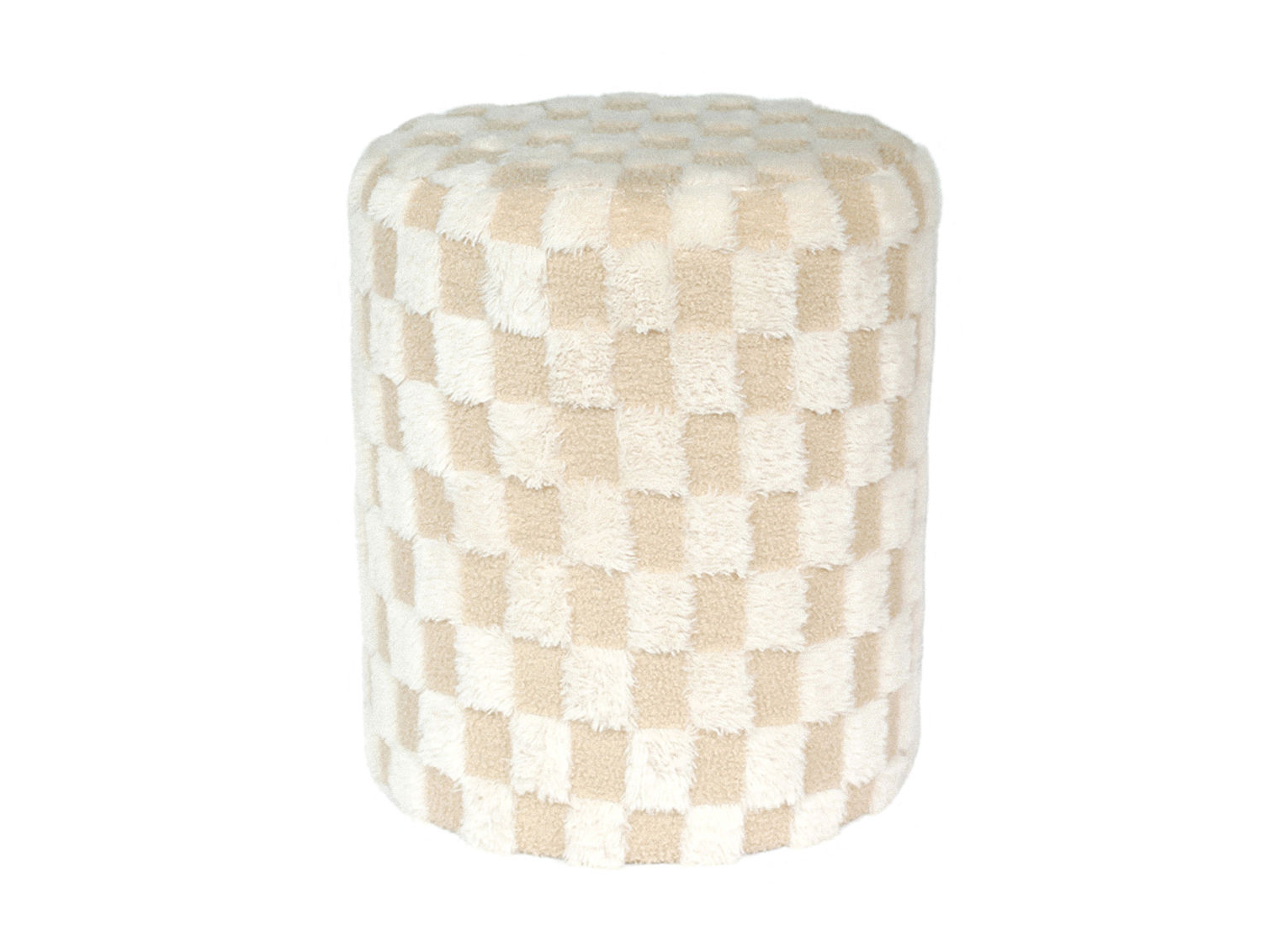 Poef Kloordino Wit met beige-wit schaakbordpatroon, compacte polyester poef voor extra zitplek of decoratie