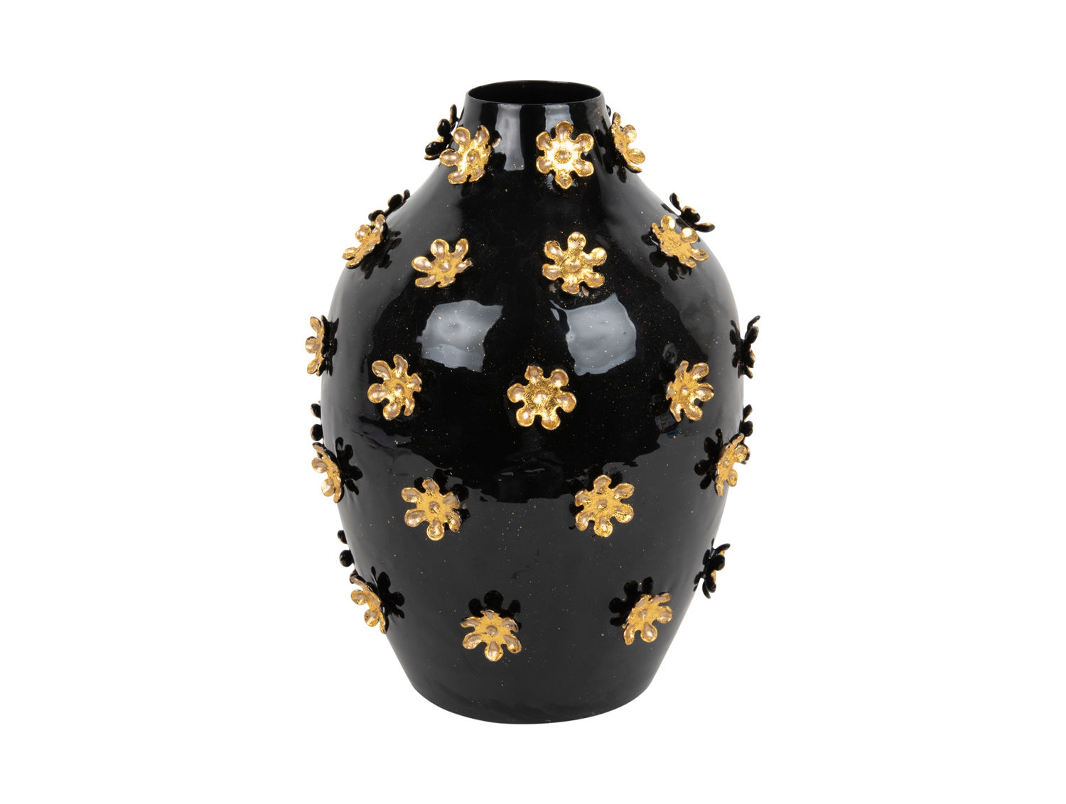 Vaas Besik Goud H30 cm, zwarte vaas met gouden bloemenprint en glanzende afwerking