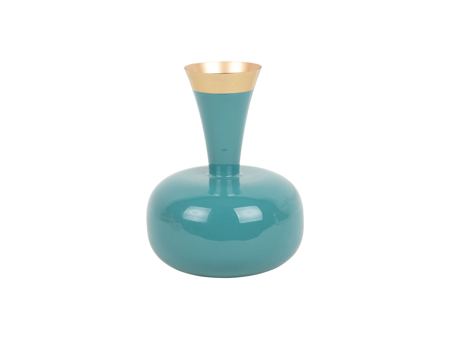 Vaas Skollura turquoise met goudkleurige hals, slanke vorm en ronde onderkant, 24 cm hoog