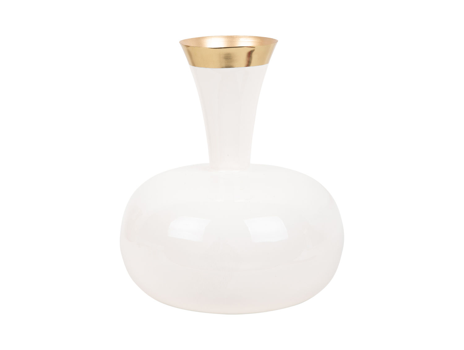 Vaas Joorra Wit H29 cm met witte bolvorm, smalle hals en goudkleurige rand