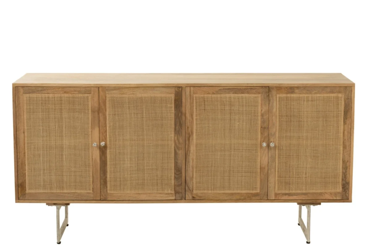 Dressoir Demor naturel 170 cm met mangohout, rotan fronten en slanke ijzeren poten
