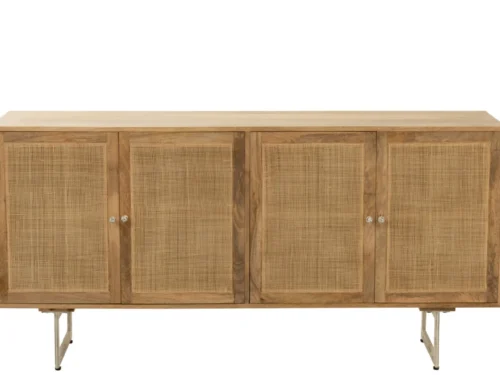 Dressoir Demor naturel 170 cm met mangohout, rotan fronten en slanke ijzeren poten