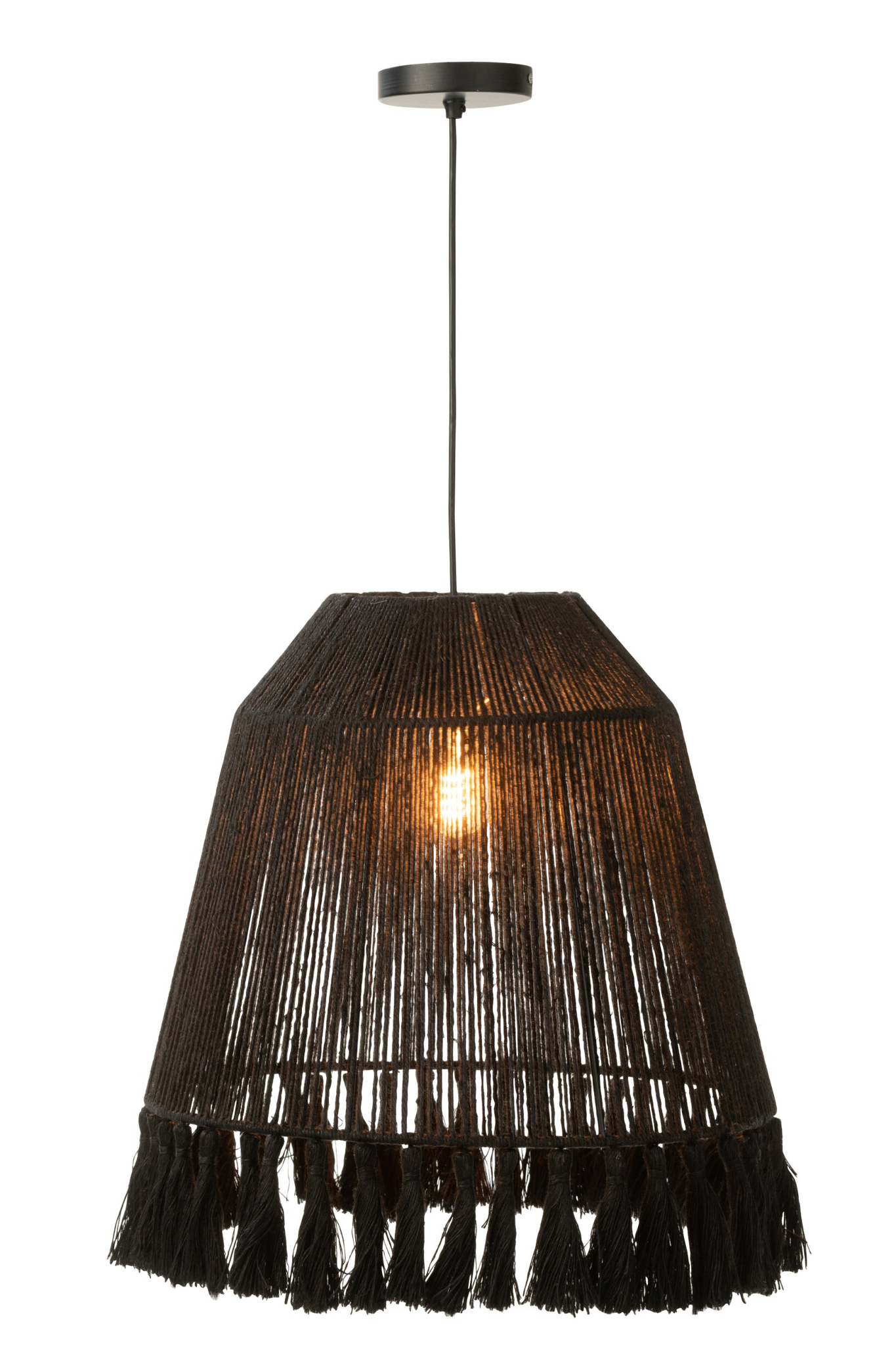 Hanglamp Kaurdone Naturel met jute kap en zwarte franjes, luchtig design voor warm interieur