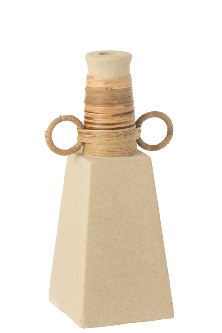 Vaas Siror Beton Beige H29 cm met stoere cementlook en rotan details