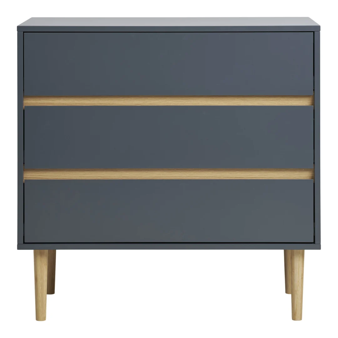 Zoormas ladekast van donkergrijs MDF met drie laden en houten poten, 80 cm breed