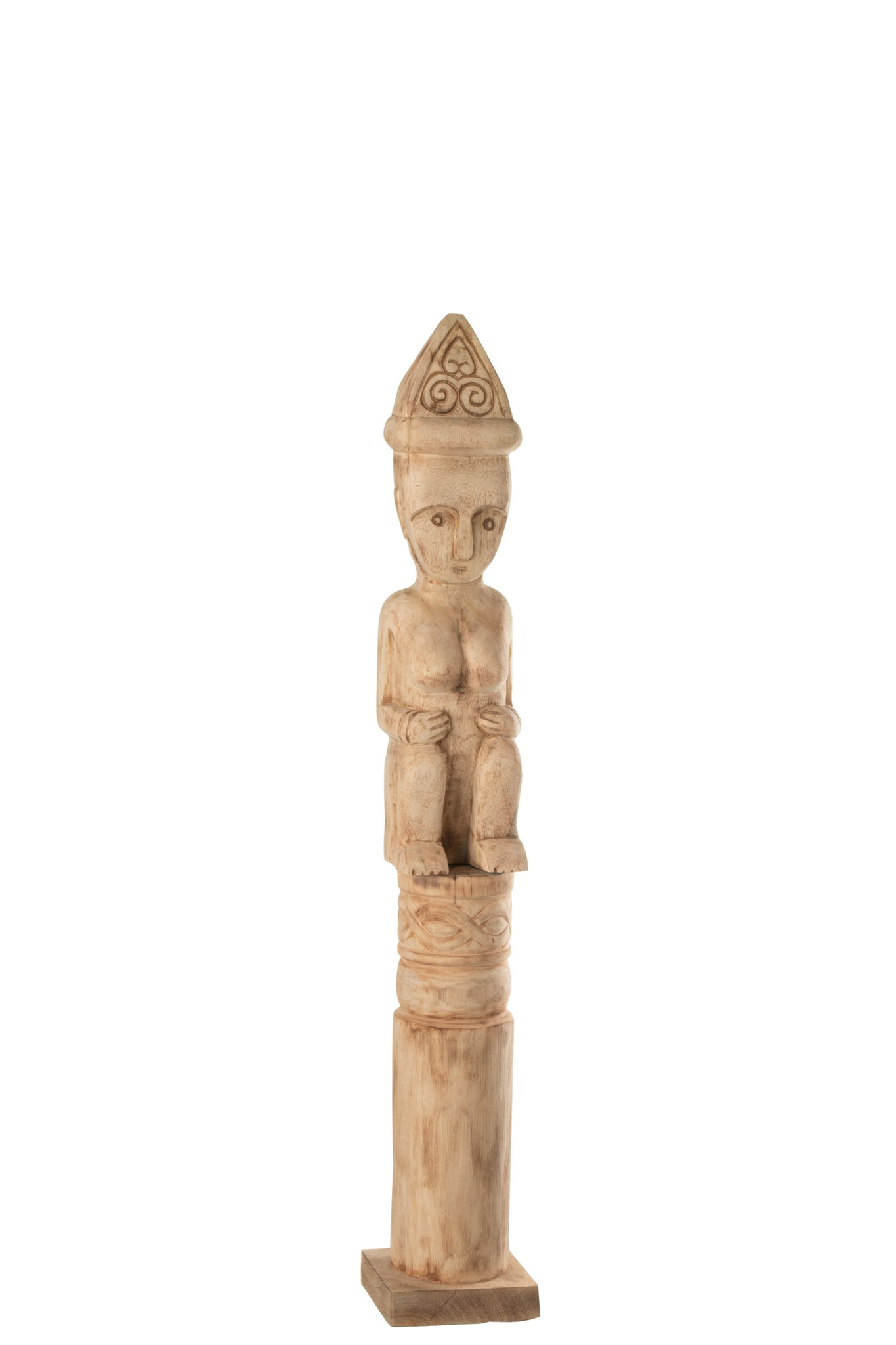 Vaatesta staand beeld van naturel mangohout, 88,5 cm hoog, met verfijnd gesneden details
