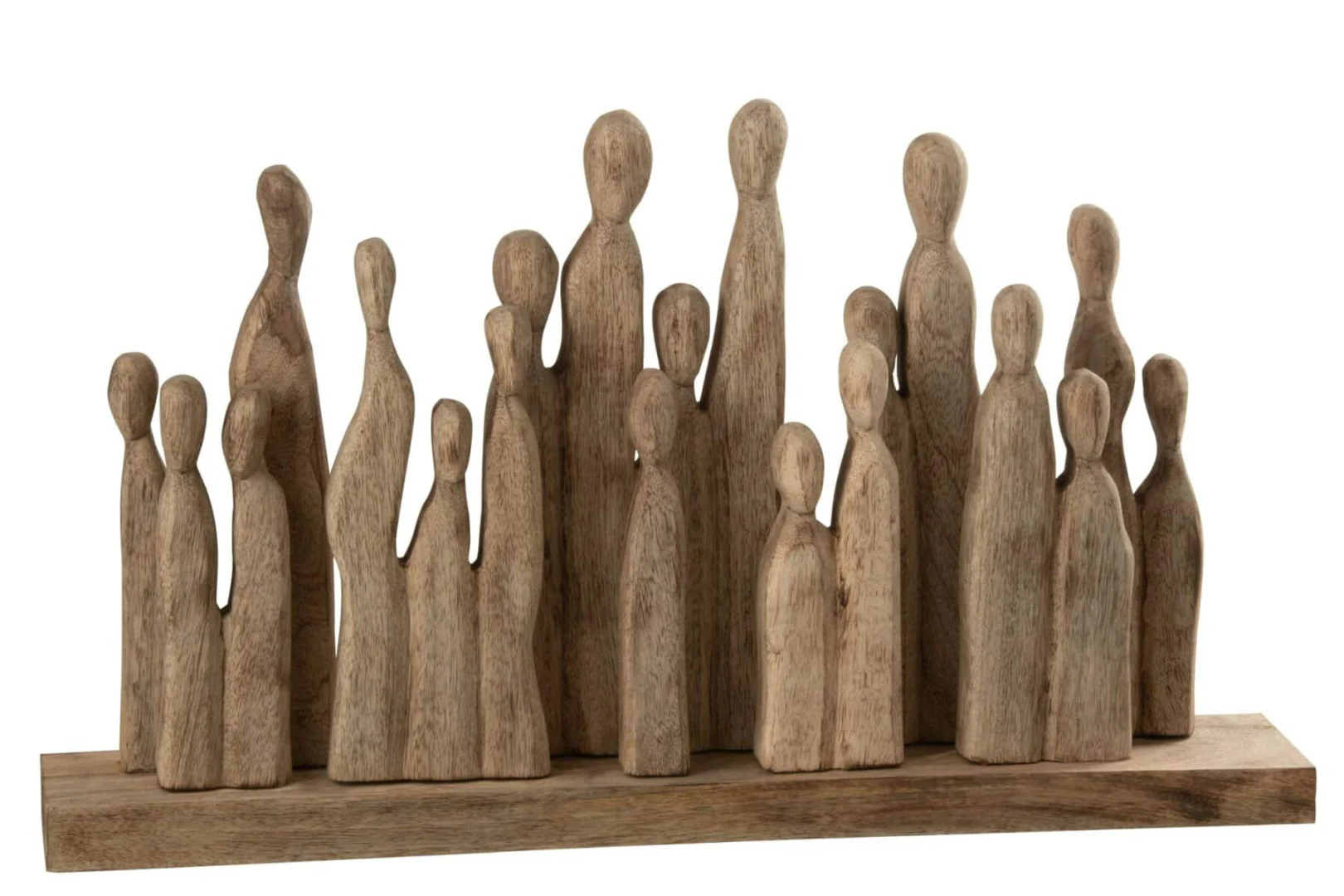 Beeld Zaunnona mangohout naturel: lang groepsbeeld van abstracte figuren op houten basis, 36 cm hoog
