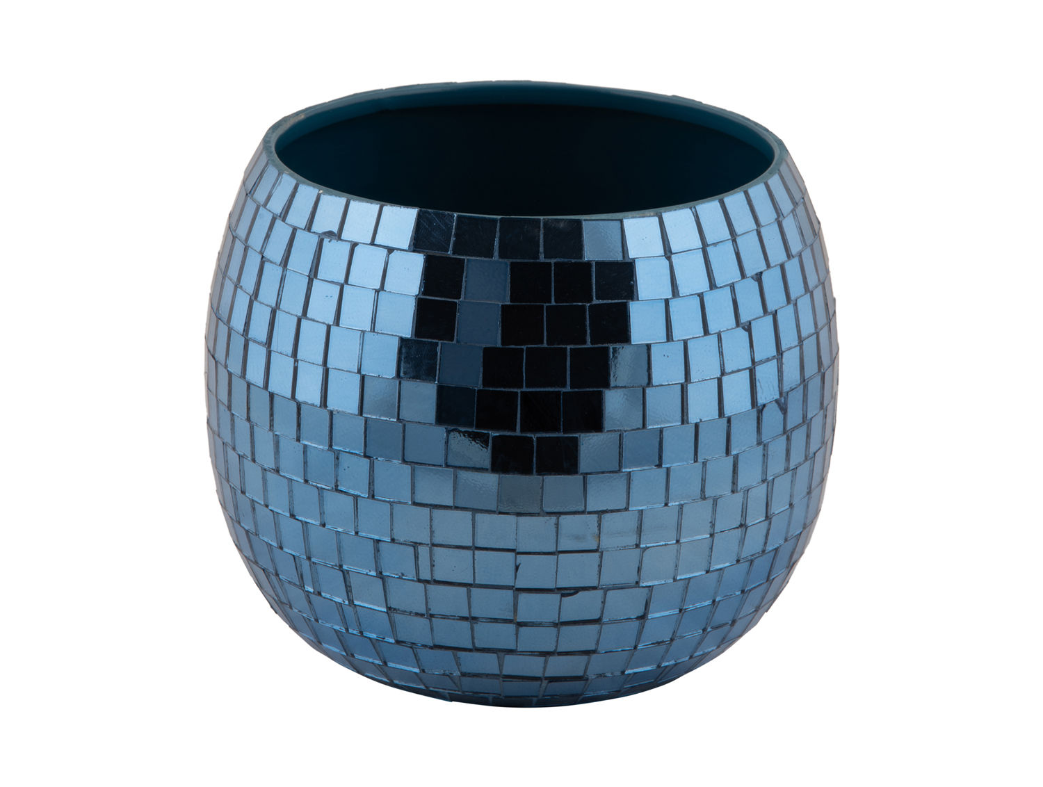 Spiegel Braassond donkerblauw Ø18 cm, bolvormige plantpot met spiegelend mozaïekaccent en diepe Iron Blue kleur