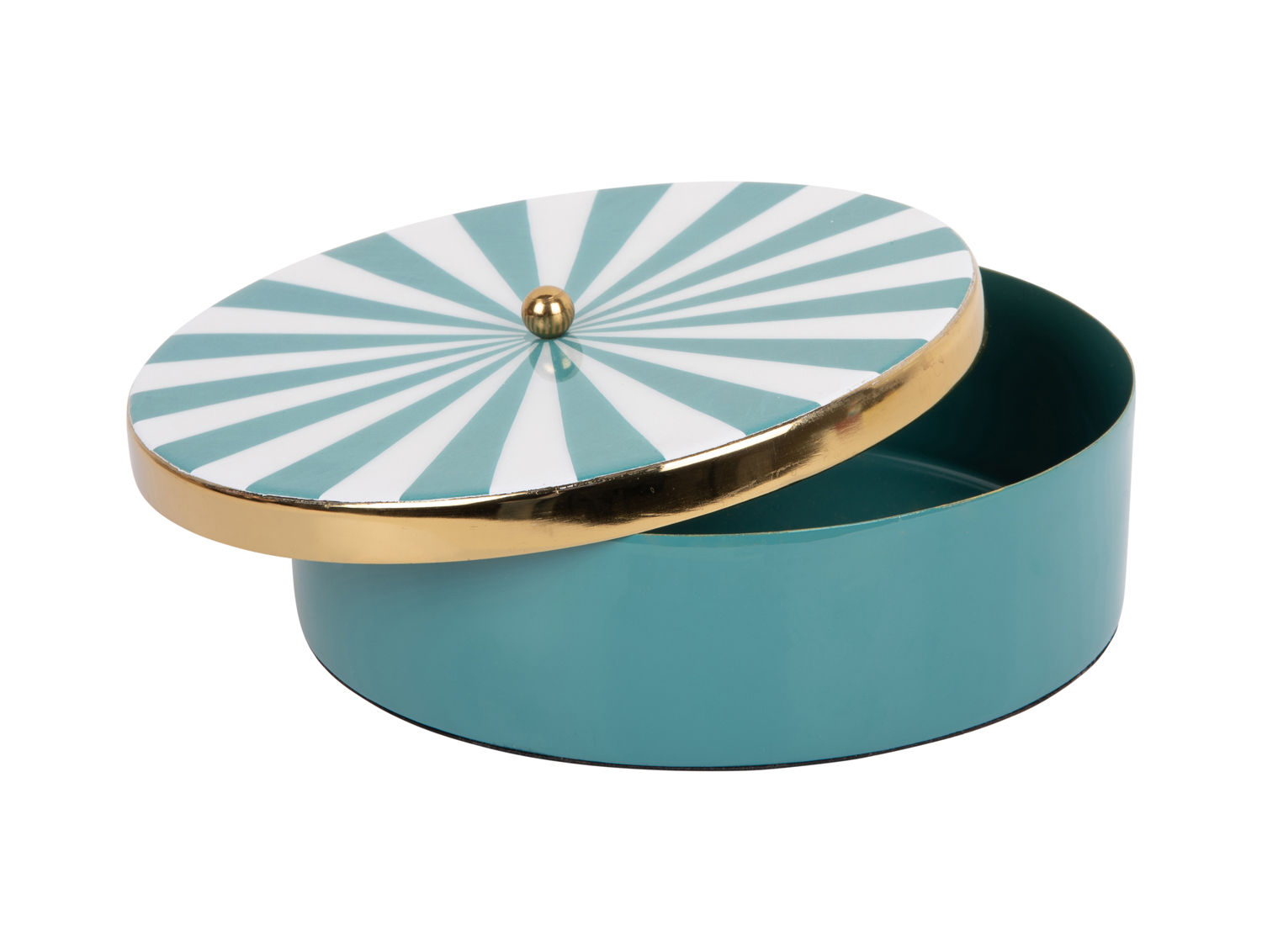 Opbergdoos Flumond turquoise met wit stralend deksel en goudkleurige rand, open als decoratieve opberger