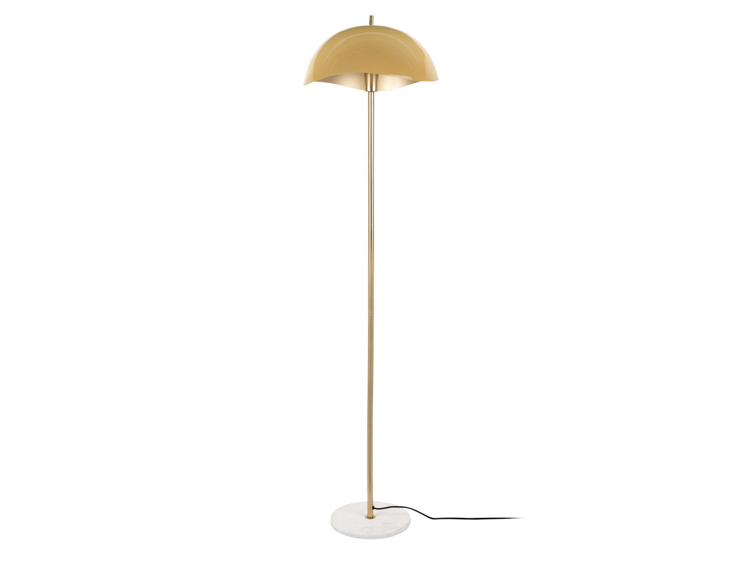 Vloerlamp Hommun Geel H154 cm met golvende kap, brushed gold steel en marmeren voet