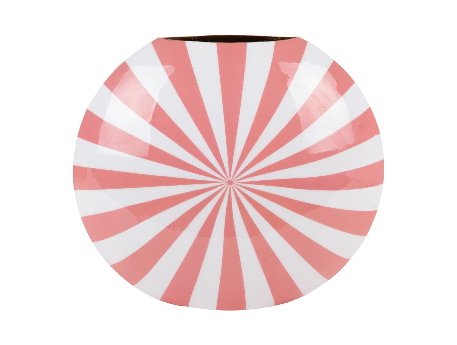 Vaas Lugano Wit H35 cm, ijzeren vaas met roze-witte streepprint en ronde, decoratieve vorm