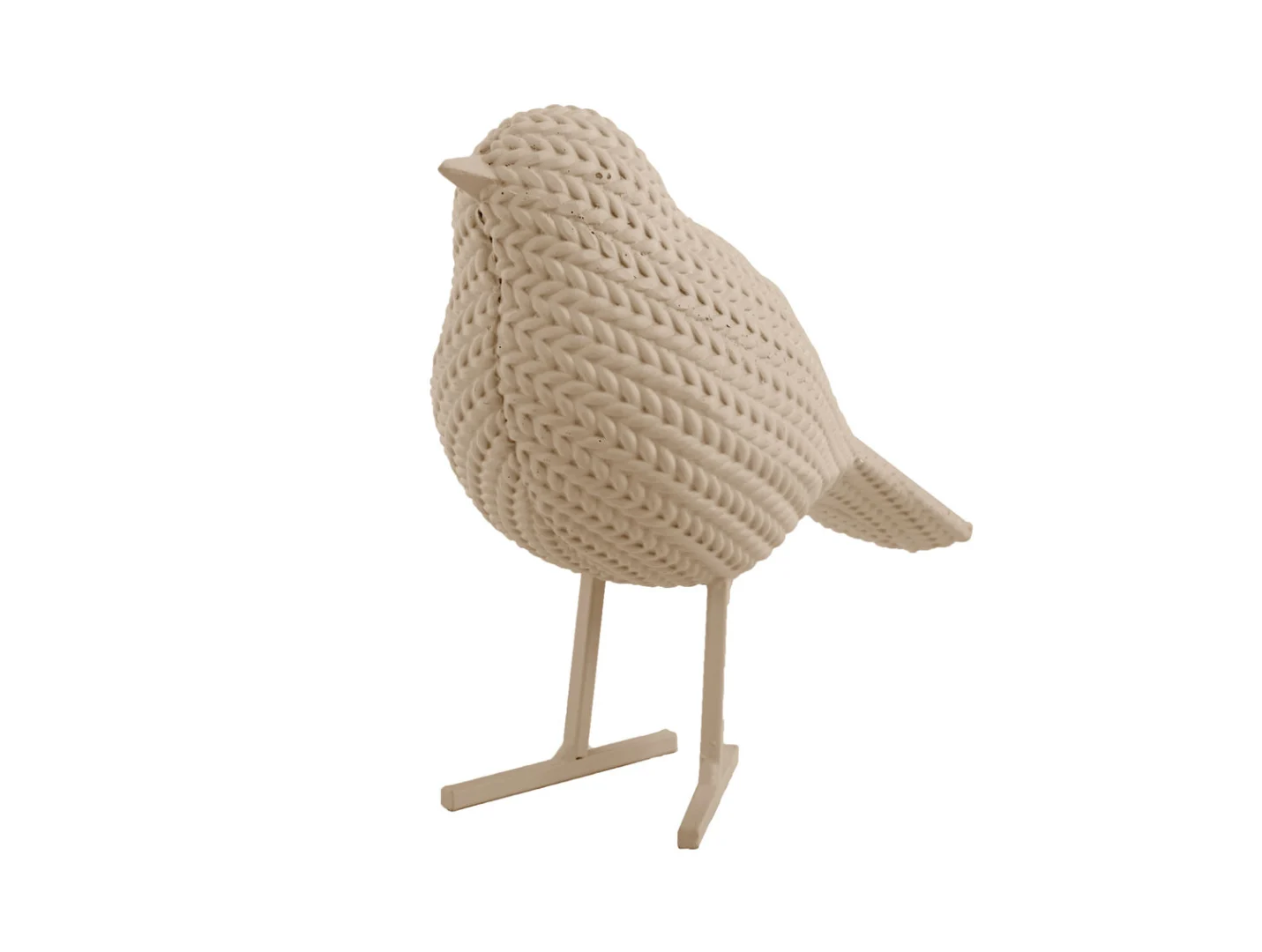 Beeld Deilvella polyresin vogel in zacht bruin met gebreide structuur en slanke poten, H13 cm