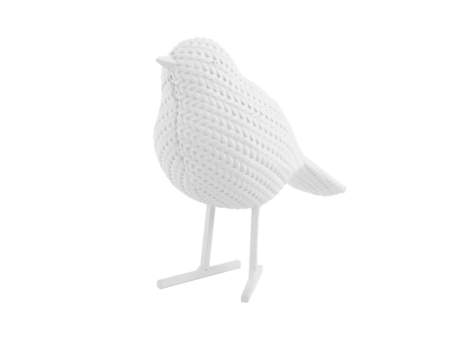 Beeld Musky wit polyresin met gebreide uitstraling en speels vogelontwerp op slanke pootjes