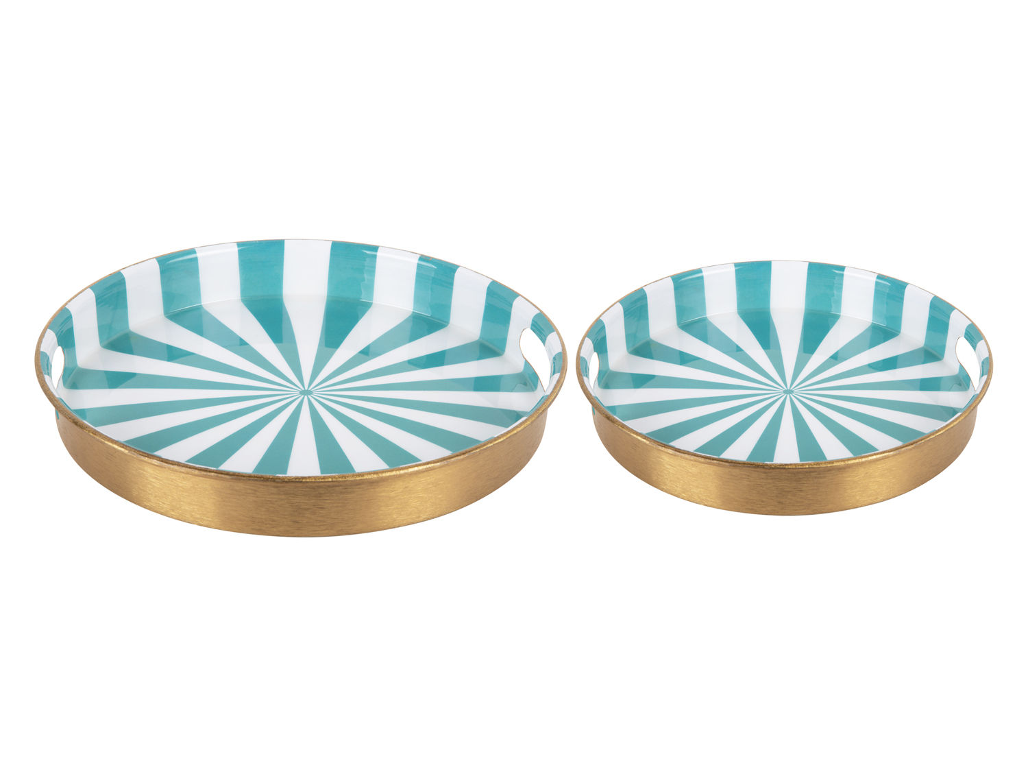Dienblad Geisel Turquoise met turquoise-witte streepprint en gouden rand in iron, rond design met handgrepen