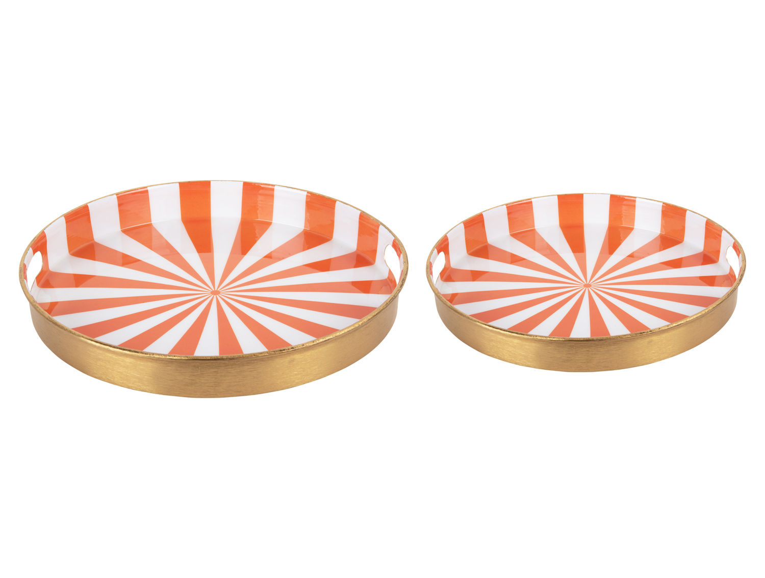 Dienblad Geskine helder oranje en wit met goudkleurige rand, rond en compact, set van twee stukken