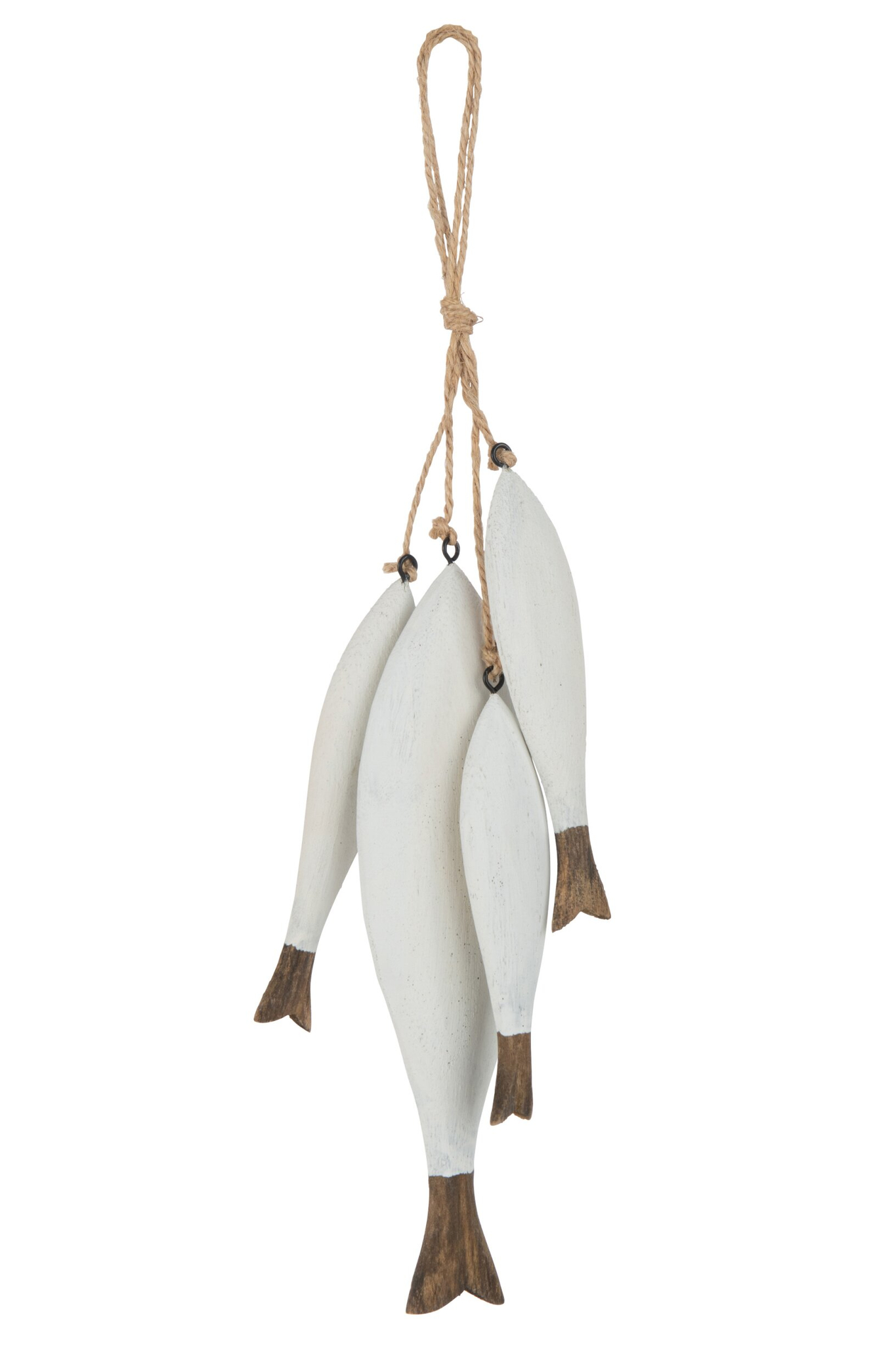 Decoratiefiguur Flaurdine hout wit met vier vissen aan touw, natuurlijke wanddecoratie