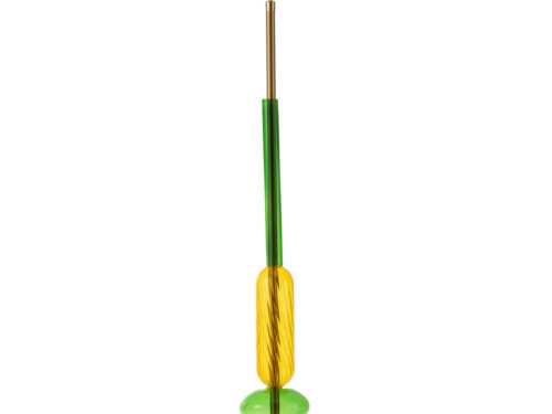 Plafondlamp Heris Glas met rode glazen kap, groene en gele accenten en gouden afwerking