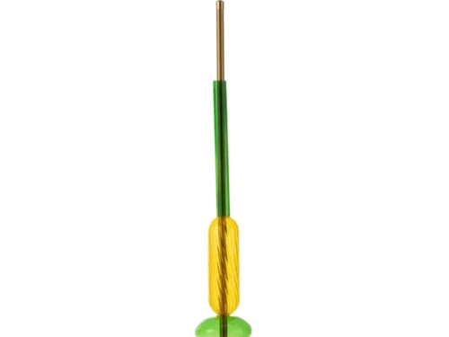 Plafondlamp Heris Glas met rode glazen kap, groene en gele accenten en gouden afwerking