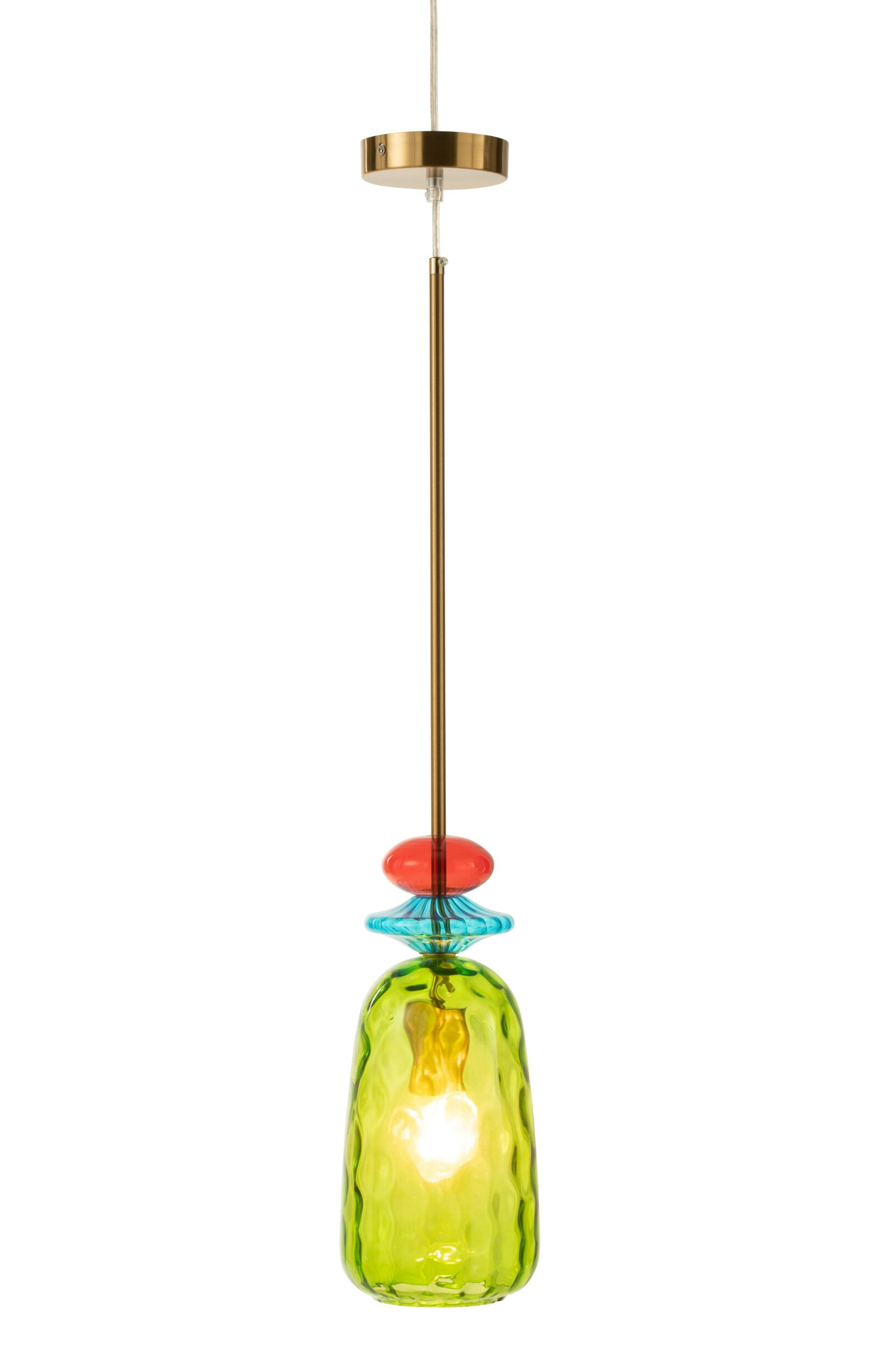 Plafondlamp Peibo Glas met groen glas, slank goudkleurig frame en kleurrijke glazen details