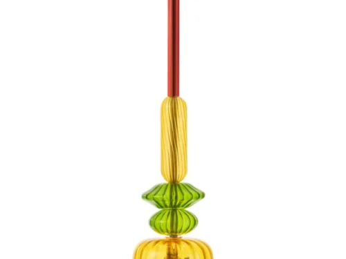 Plafondlamp Klumona Glas in geel en groen glas met slanke messing ophanging en warme, elegante uitstraling