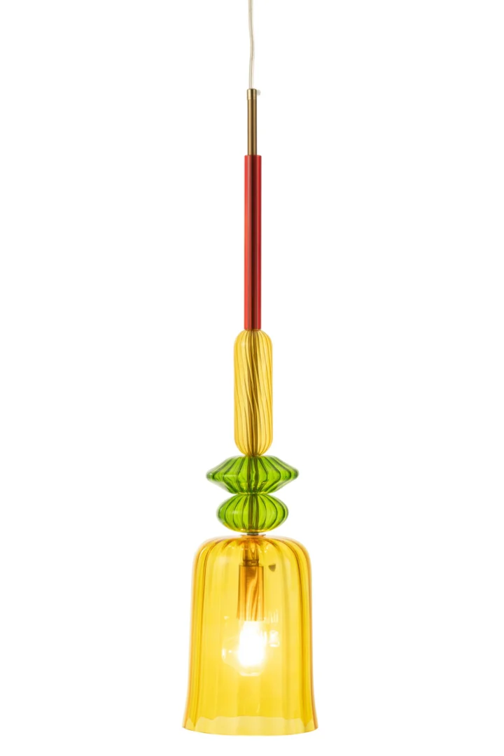 Plafondlamp Klumona Glas in geel en groen glas met slanke messing ophanging en warme, elegante uitstraling