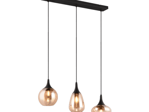 Hanglamp Slotan mat zwart met 3 amberglazen kappen en verstelbare snoeren, modern design