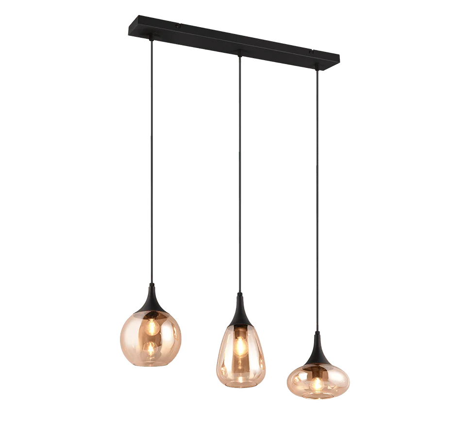 Hanglamp Slotan mat zwart met 3 amberglazen kappen en verstelbare snoeren, modern design