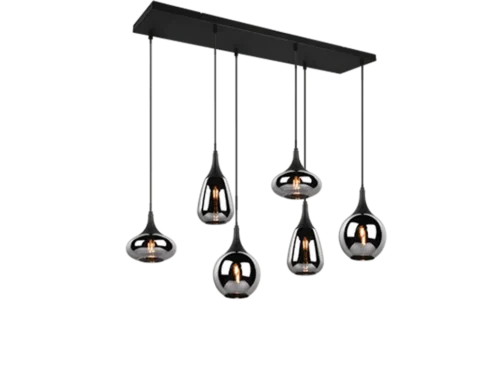 Hanglamp Gemma mat zwart set van 3 met zes verchroomde glazen kappen en verstelbare snoeren