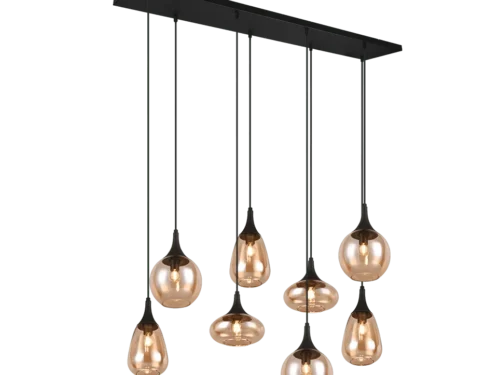 Hanglamp Funsis mat zwart set van 3 met amber glazen kappen en verstelbare snoeren