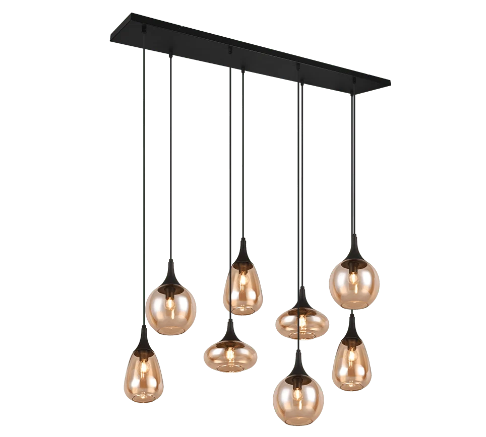 Hanglamp Funsis mat zwart set van 3 met amber glazen kappen en verstelbare snoeren