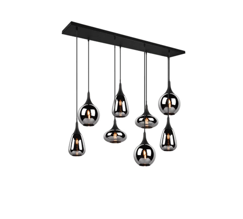 Hanglamp Fleimel mat zwart, set van 3, met acht verchroomde glazen kappen en verstelbare ophanging