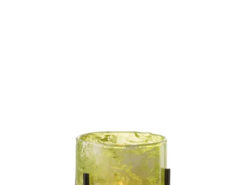 Windlicht Stimun groen gemarmerd glas op zwart ijzeren standaard, H14,5 cm