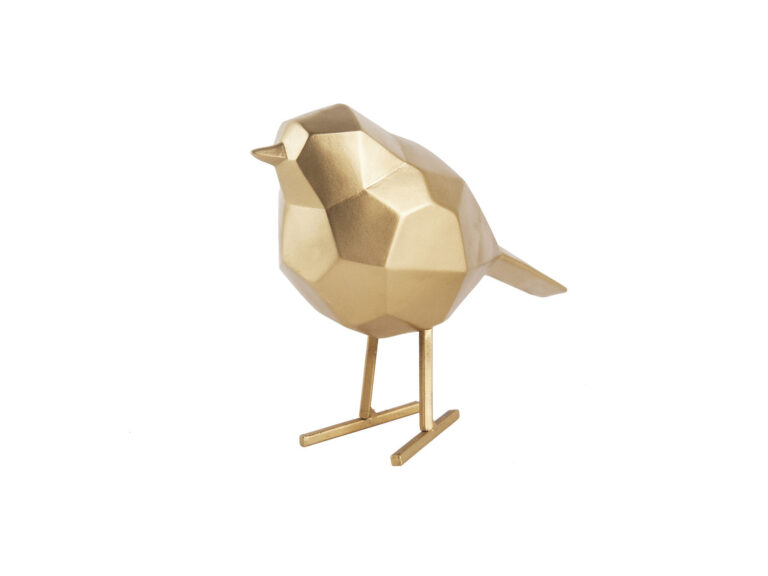 Gouden polyresin Beeld Slaulvia vogel op slanke pootjes, 13 cm hoog, geometrisch en decoratief