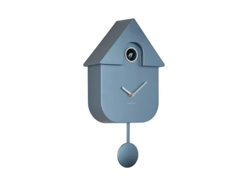 Meernak wandklok donkerblauw met vogelhuisvorm, strakke ABS-aluminium afwerking en slinger