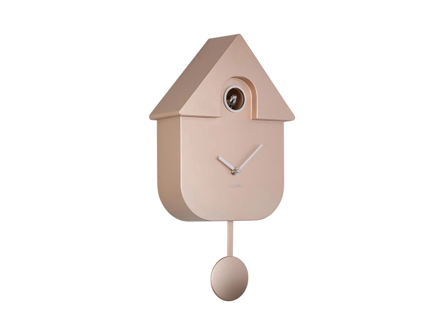 Wandklok Kerrar Goud in huisvorm, goud-roségoud aluminium met slinger en strakke wijzerplaat