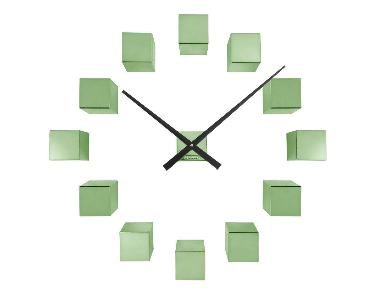 Wandklok Coodand Groen met groene metallic kubusindexen en zwarte wijzers, modern rond ontwerp