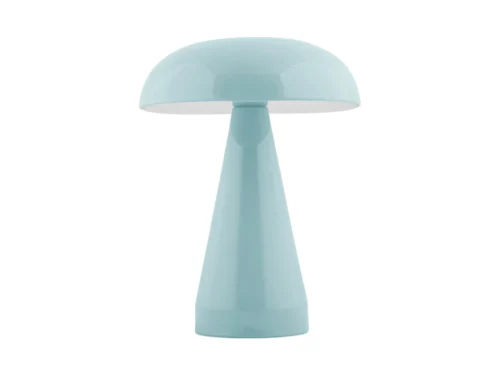 Lichtblauwe Tafellamp Kliernak Ø16 cm met bolle kap, glanzende afwerking en draadloos USB-oplaadbaar ontwerp